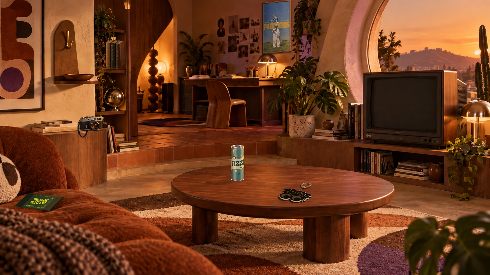 Studio au coucher du soleil : Fizzi et Focus sur la table, appareil photo à côté des livres, affiche Flowers au mur, carte Gloomy Graphic sur le canapé, archives sous le globe et télévision à droite.