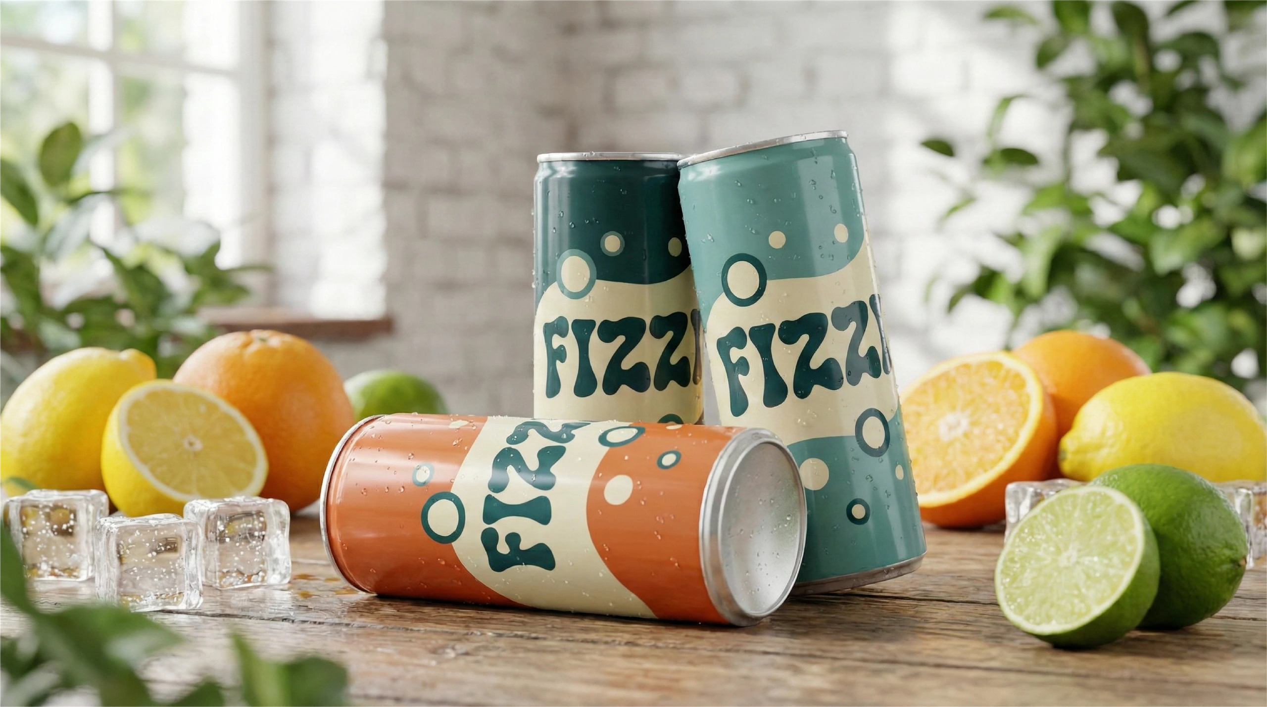 Composition finale des trois canettes Fizzi avec les agrumes