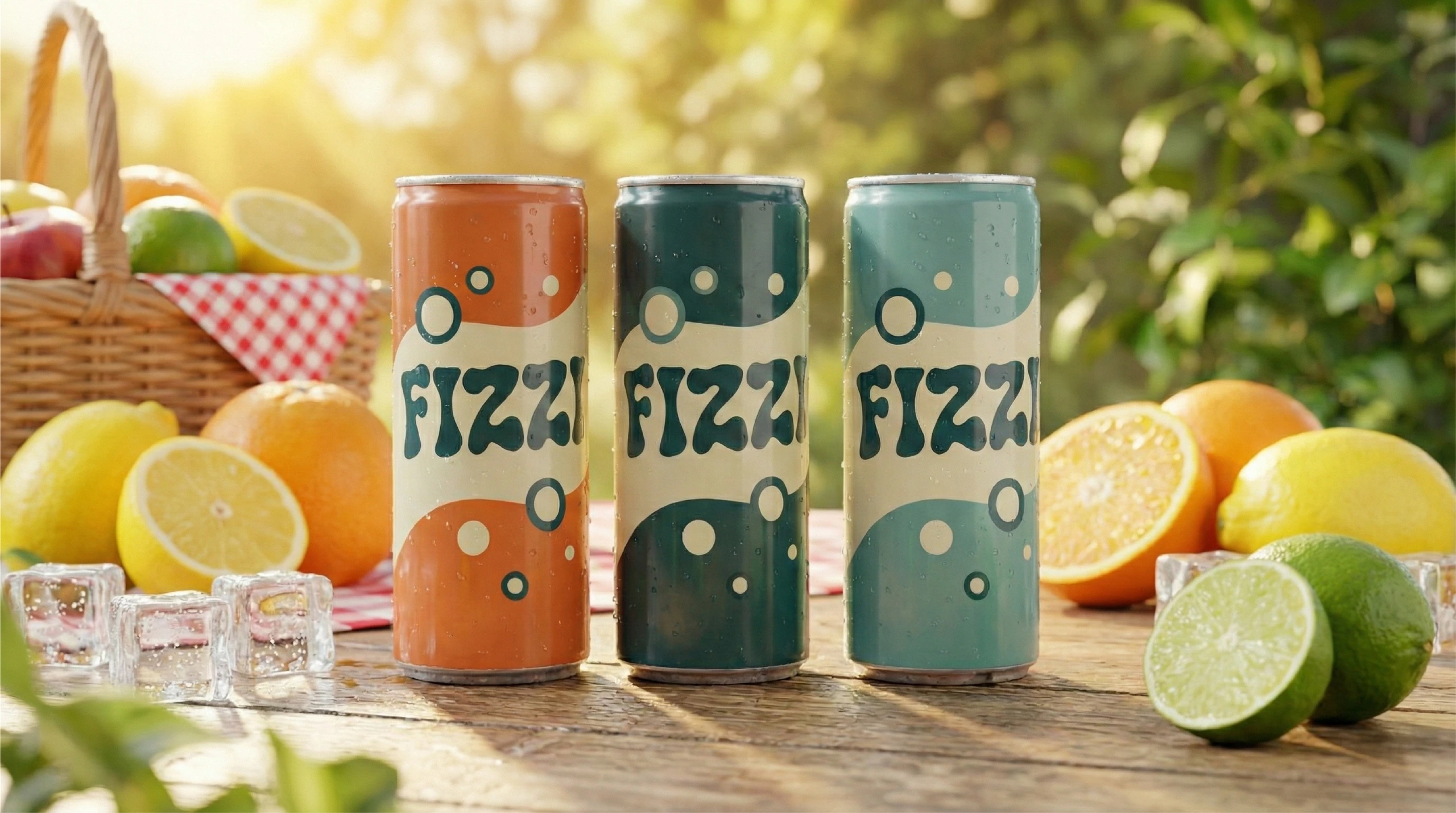 Les trois canettes Fizzi finales : orange, vert profond et vert d’eau, au milieu des agrumes